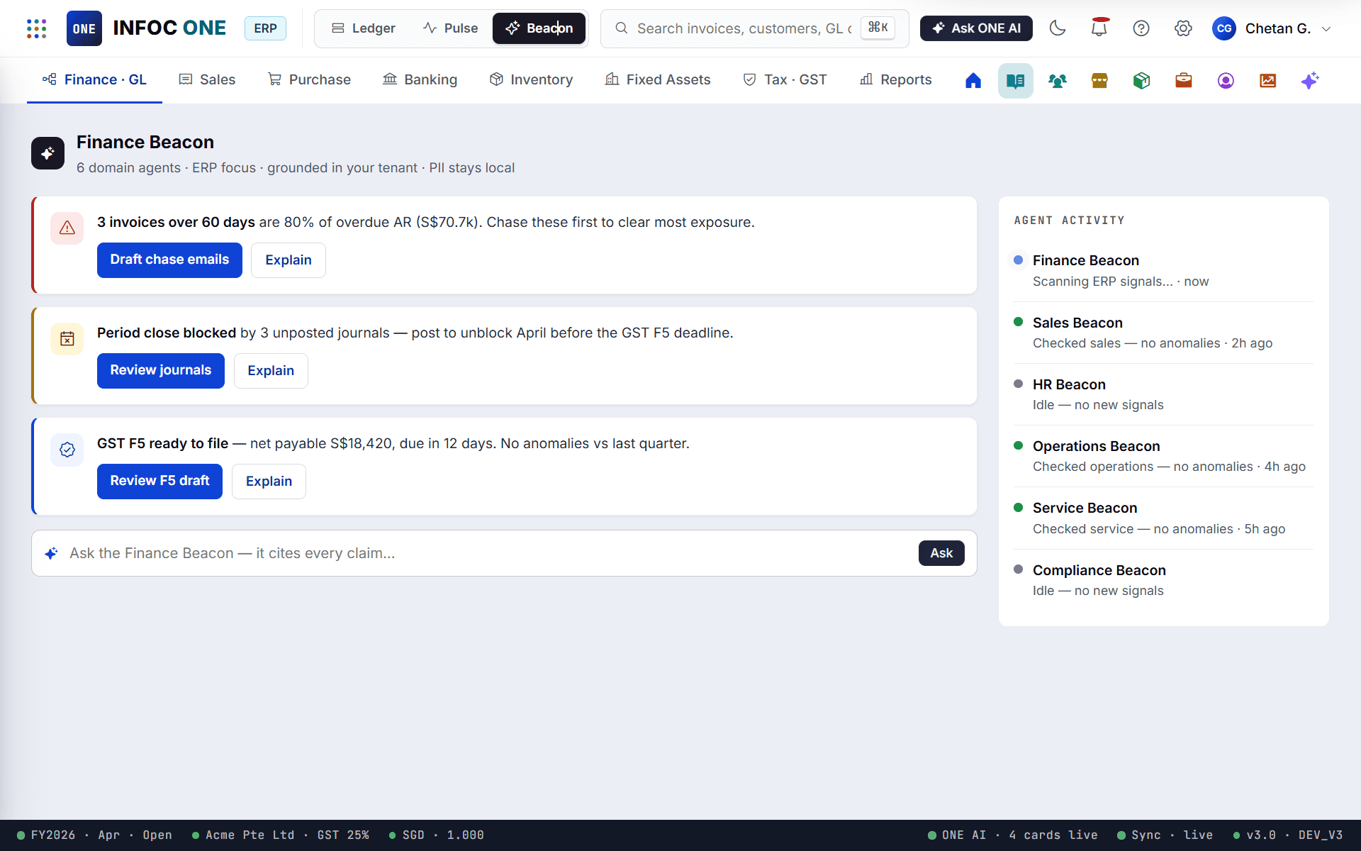 INFOC ONE ERP pulse view with cash, receivables, payables and GST.