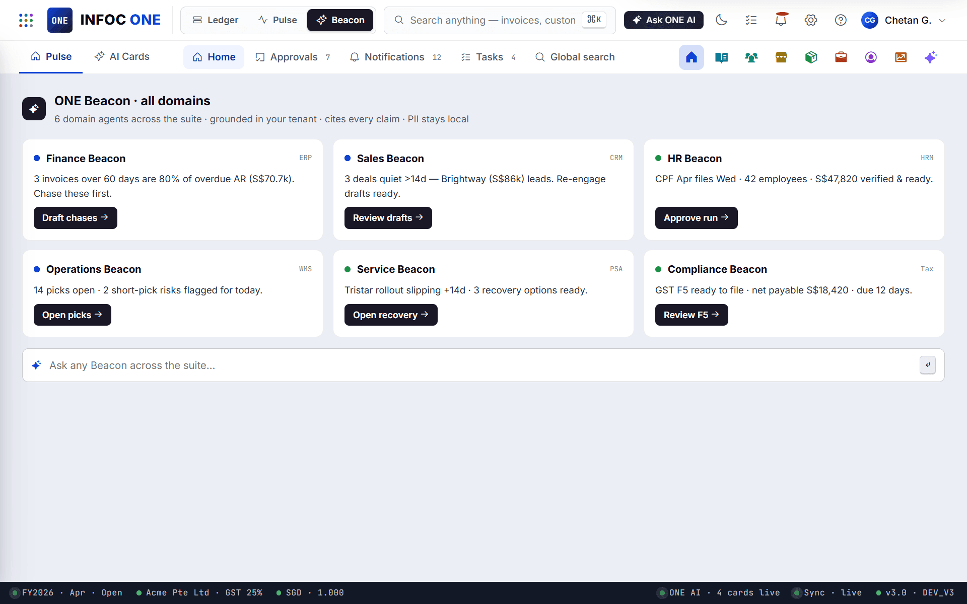 ONE Beacon workspace: six domain agents (Finance, Sales, HR, Operations, Service, Compliance) grounded in your tenant, each citing its claim.