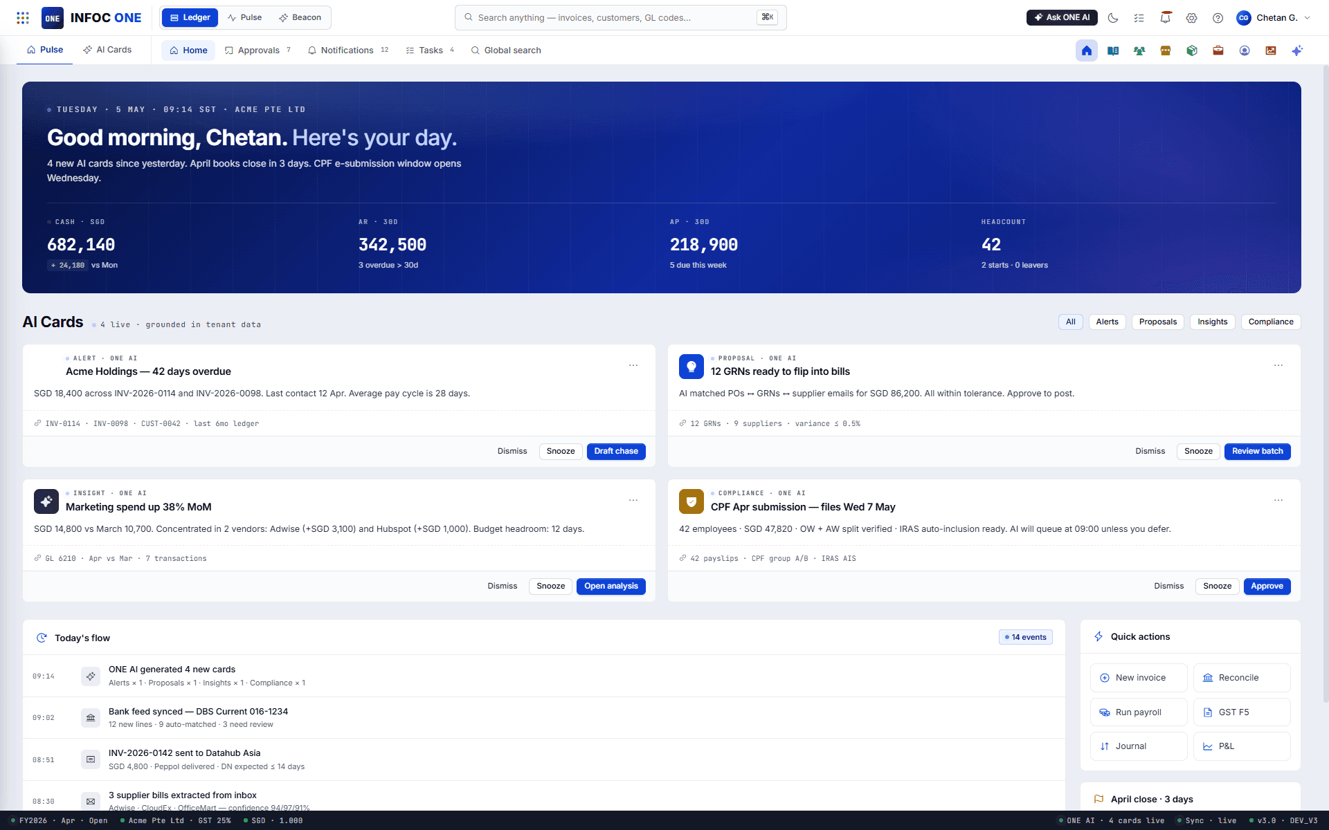 INFOC ONE Pulse home: your AI daily briefing