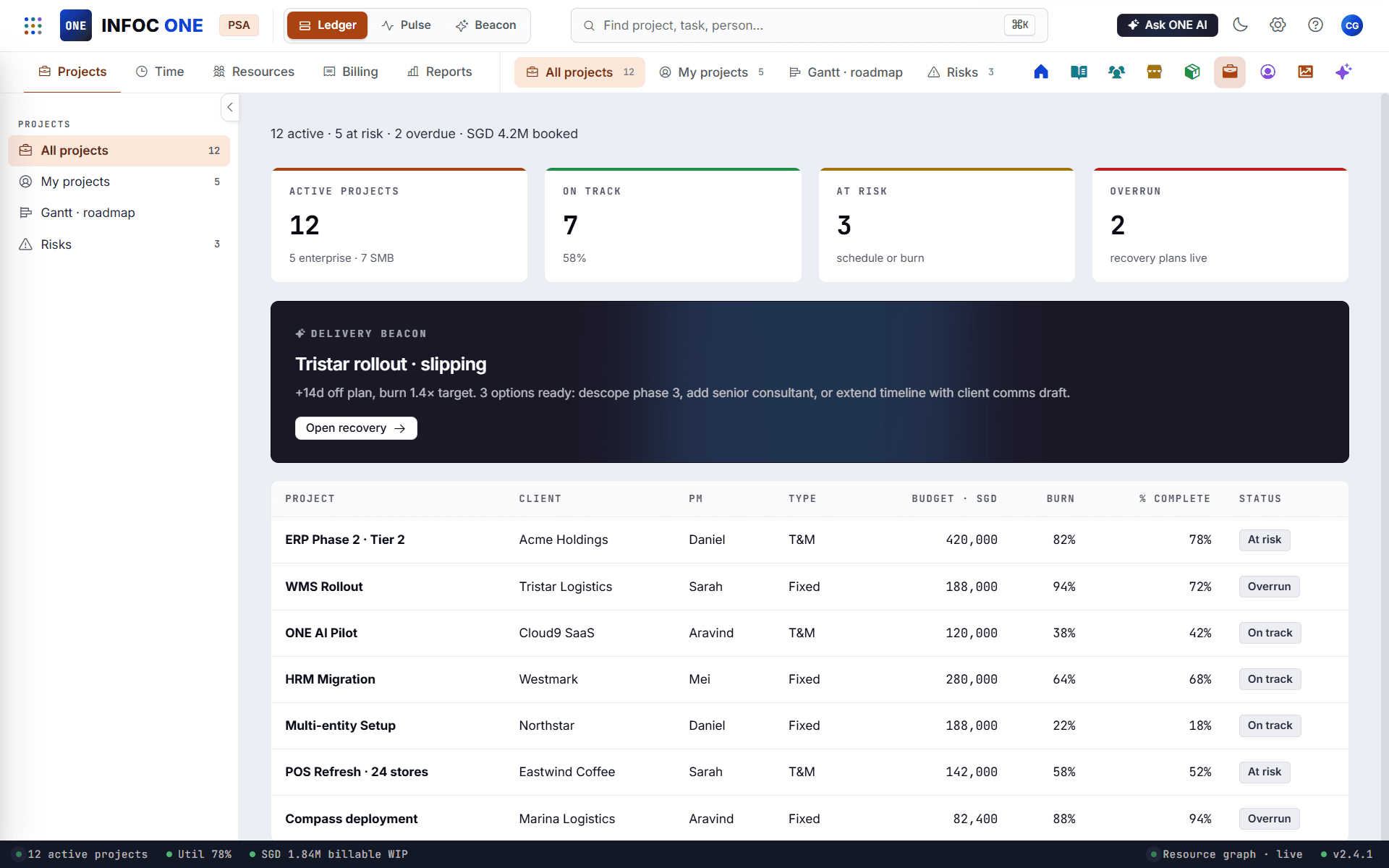 INFOC ONE PSA projects, timesheets and billing view.