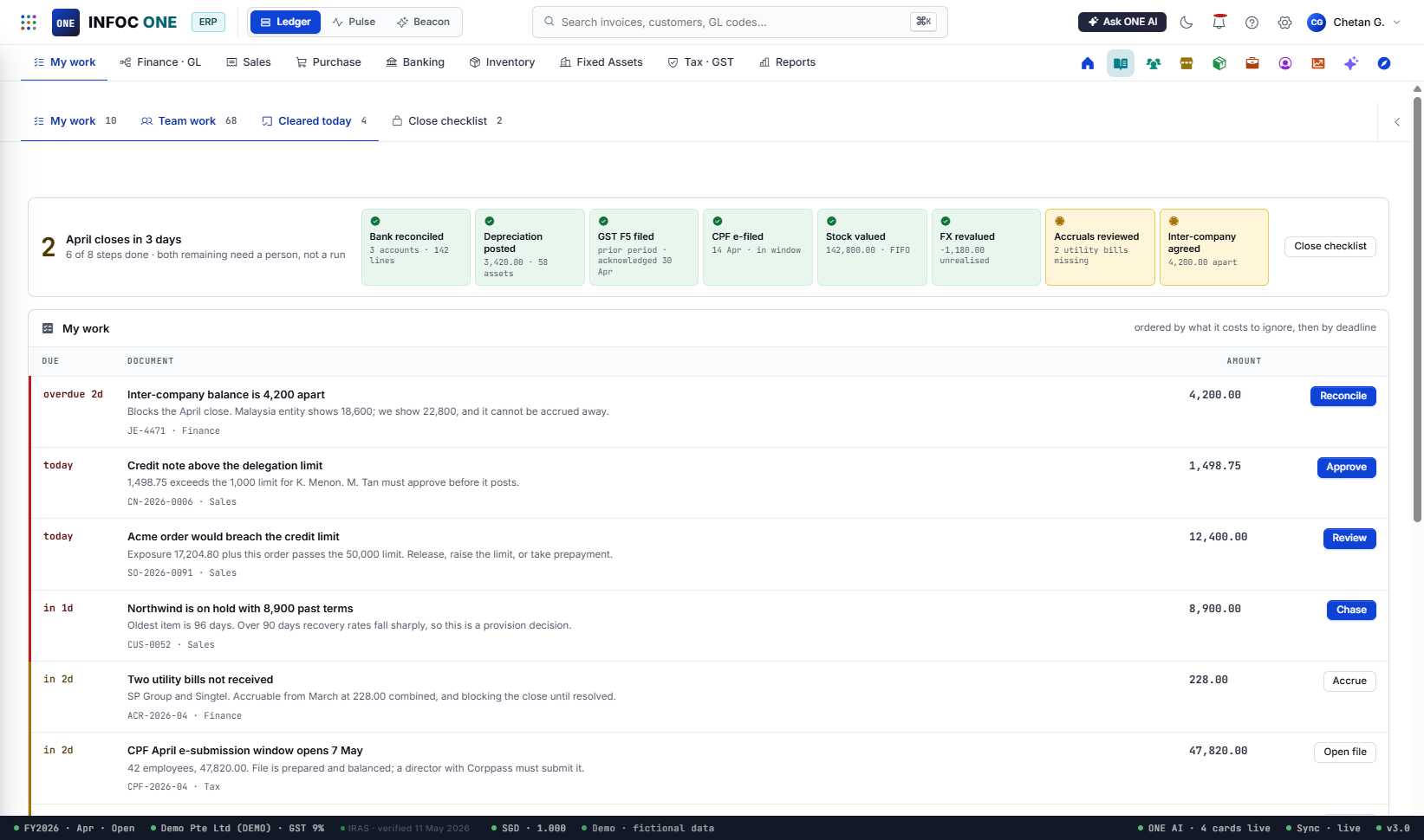 INFOC ONE ERP, My work: ten documents awaiting approval, ordered by what it costs to ignore them, four of them blocking a posting.