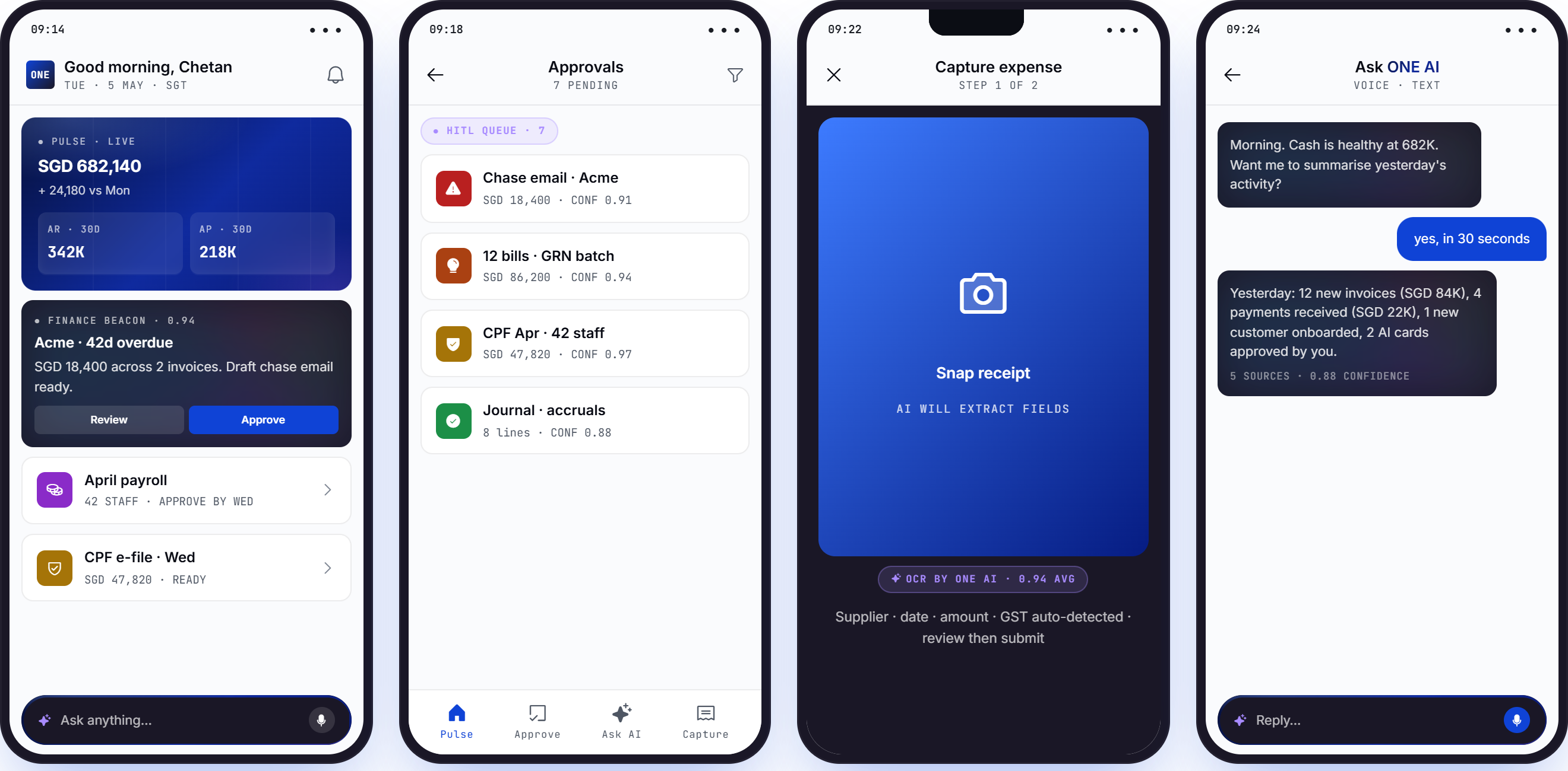 ONE Compass, the INFOC ONE mobile app, on four phone screens: the Pulse home, the approvals queue, expense capture by camera, and Ask ONE AI.